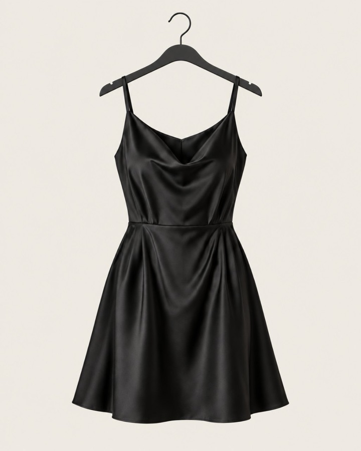 A black satin dress photographed on a hanger